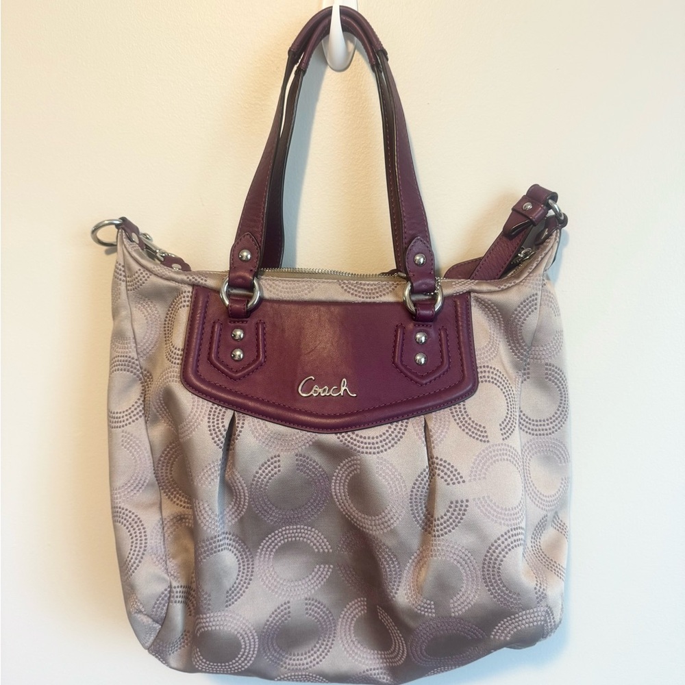 Coach Beige Signature Tote with Plum Leather Trim
